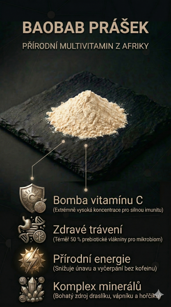 Čistý prášek z baobabu na tmavém kontrastním pozadí. Vizuál znázorňující čistotu síly ovoce baobab.