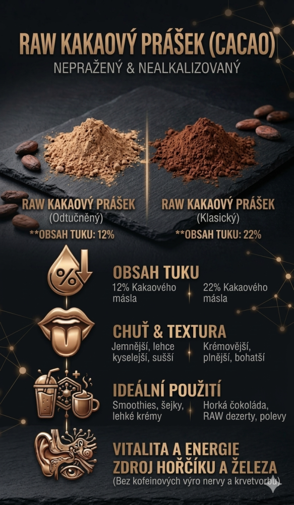 Raw kakaový prášek na tmavém kontrastním pozadí. Vizuál znázorňující sílu a krásu kakaového prášku