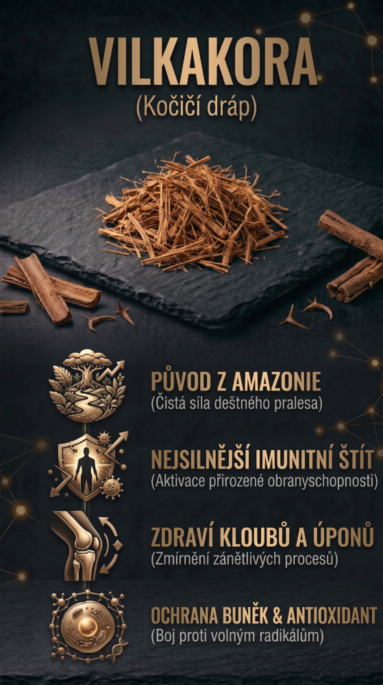 Vilkakora mačací pazúr Infografika znázorňujúca kôru zo stromu Vilkakora na bridlicovej doske, ide o 100 % prírodný imunomodulátor.