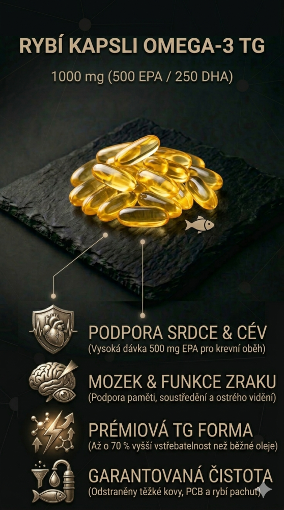 Gelové kapsle s Omega 3 TG 50/25 na tmavém kontrastním pozadí. Vizuál znázorňující čistotu kapslí s koncentrovaným rybím olejem.