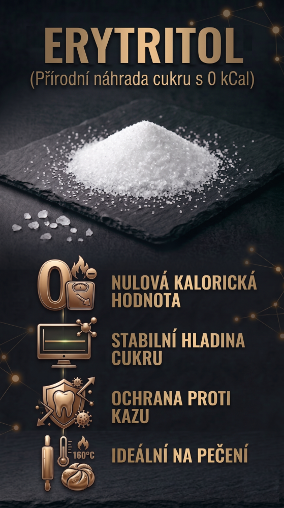 Infografika znázorňujúca erytritol na bridlicovej doske, ide o 100 % prírodnú náhradu bežného cukru.