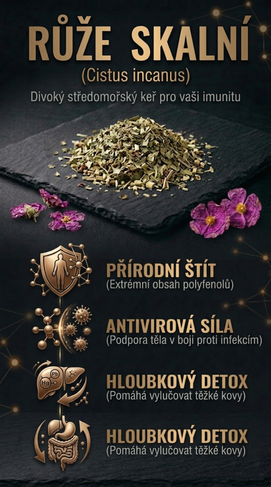 Infografika znázorňující čaj z růže skalní určený jako antioxidant a k posílení imunity.