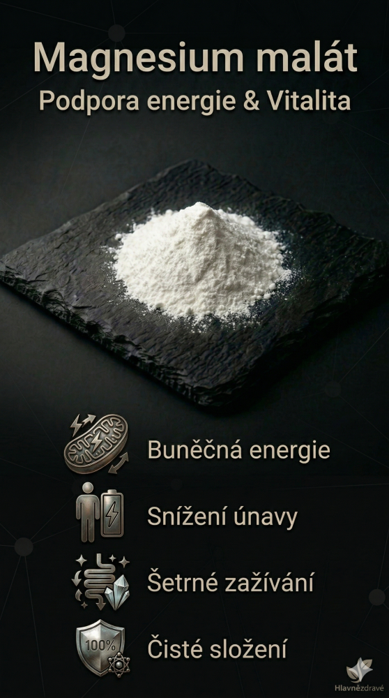 Vyobrazení prášku magnesia malátu na břidlicové desce, jde o obrázek čisté suroviny vysoké kvality