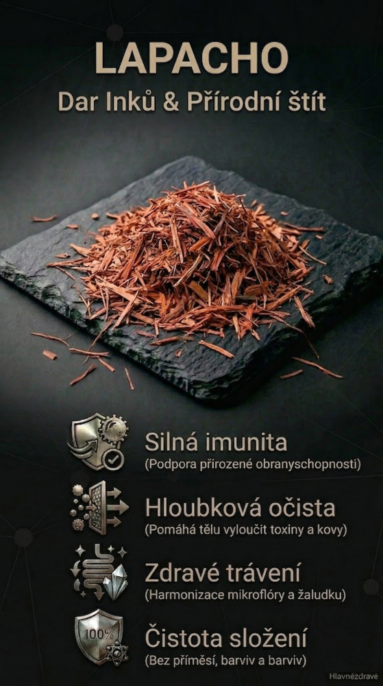 Kúsky kôry stromu Lapacho na bridlicovej doske s infografikou