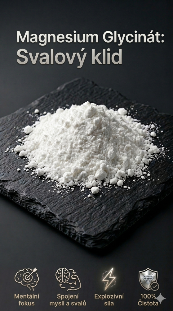 Magnesium Bisglycinát Magnesium Bisglycinát prášek na tmavém kontrastním pozadí. Svislý vizuál pro svalovou regeneraci.