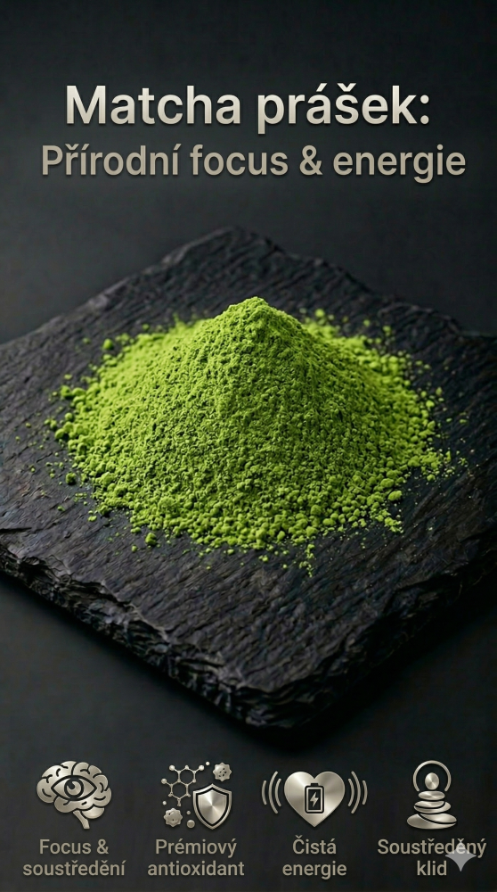 Čistý prášek matcha tea na tmavém kontrastním pozadí. Vizuál znázorňující čistotu síly čaje matcha.