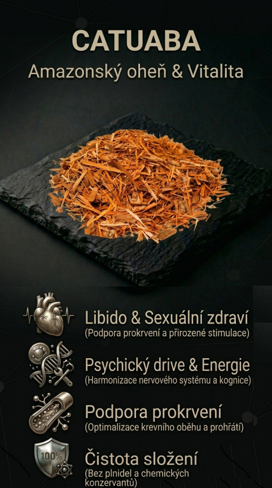 Kousky kůry stromu catuaba na břidlicové desce s infografikou.