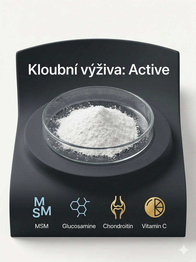Kloubní výživa Active na tmavém kontrastním pozadí – farmaceutická čistota složek.