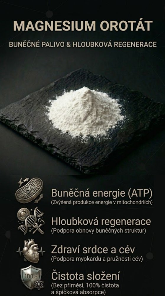 Vyobrazení prášku magnesia orotát na břidlicové desce, jde o obrázek čisté suroviny vysoké kvality