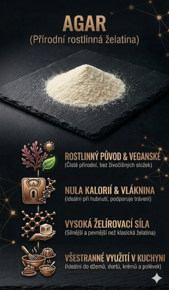 Agar prášek na tmavém kontrastním pozadí. Vizuál znázorňující schopnosti agar prášku
