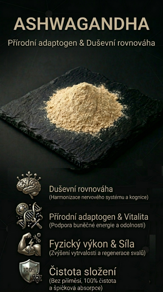 Čistý prášok ashwagandha na tmavom kontrastnom pozadí. Vizuál znázorňujúci čistotu prírodnej sily.